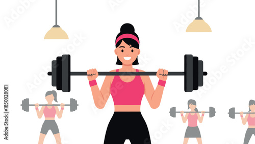 Confident woman weightlifting in modern gym setting with energetic background