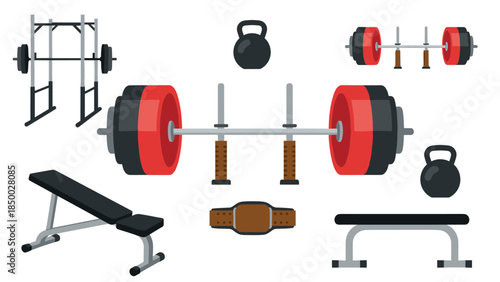 Gym equipment set with barbells, benches, and kettlebells in flat design