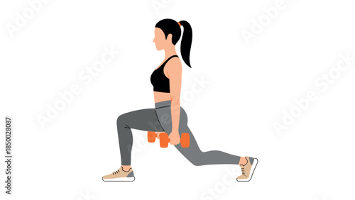 Fitness woman performing lunges with dumbbells in a flat style