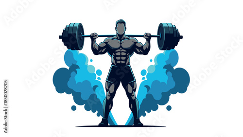 Powerful athlete lifting barbell with dynamic blue smoke background