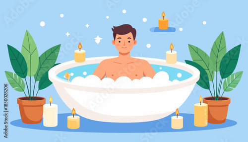 A man relaxing in a bubble bath surrounded by lit candles and green potted plants, creating a serene and calm atmosphere.