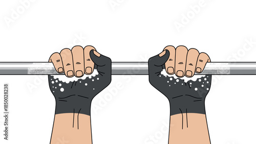 Strong hands gripping barbell with chalk dust in bold linear design