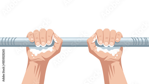 Hands gripping barbell with chalk powder in fitness illustration
