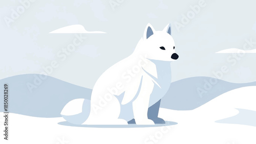 Arctic fox sitting on snow-covered mountain landscape viewed from the side in a serene winter environment