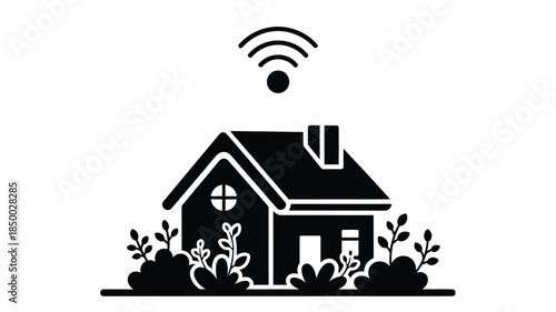Simple black and white icon depicting a house with a wifi signal above it