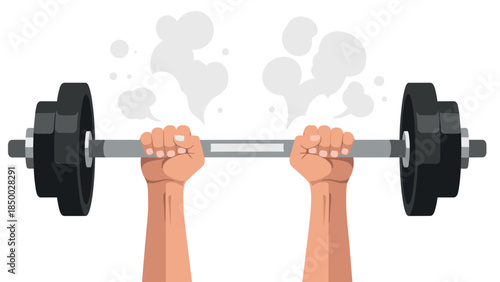 Strong hands lifting heavy barbell with smoke background in flat design
