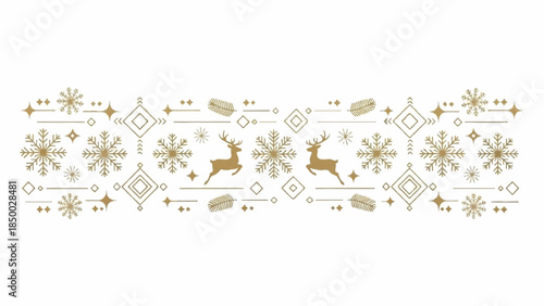 Illustration of golden festive decorations and reindeer on a white background