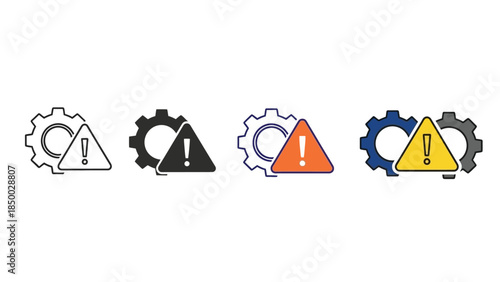 Solid and sleek vector icons illustrating a critical system warning or essential maintenance alert, featuring a cogwheel and a prominent exclamation mark symbol