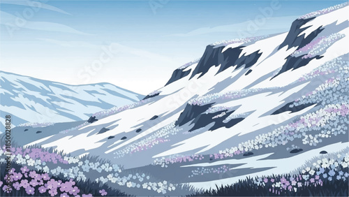 Snowy mountainside landscape with blooming flowers in the foreground viewed from a distance