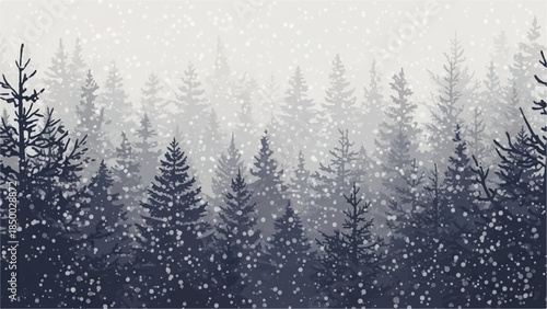 Snowflakes fall gently on a serene forest landscape viewed from a distance
