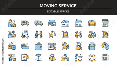 Solid sleek line icons for professional moving and relocation services, featuring reliable transport, efficient logistics, secure packing, and seamless home delivery solutions