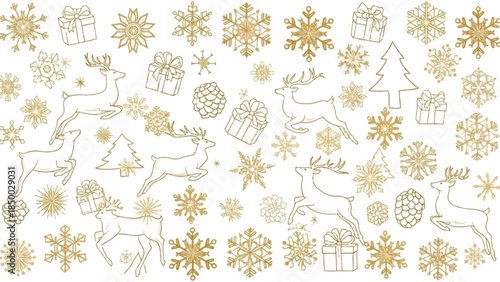 Winter festive gold illustrations pattern featuring snowflakes, reindeer, and gifts on a white background from a top-down viewpoint