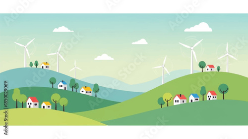 A serene landscape of rolling hills with wind turbines and houses in a picturesque countryside