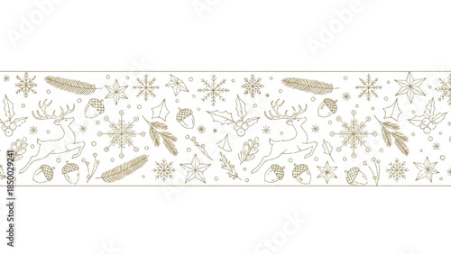 Winter scene border illustration featuring snowflakes animals plants in a frosty landscape