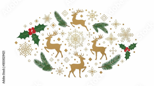 Festive illustration of reindeer and holly surrounded by snowflakes and ornaments in a circular arrangement