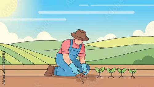 Farmer planting young seedlings in a field on a sunny day