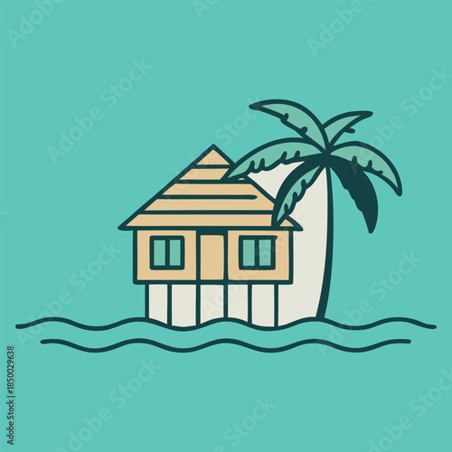  Tropical palm tree,house,beach vector illustration.