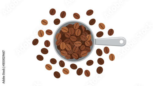Freshly roasted coffee beans are overflowing from a silver measuring scoop, surrounded by scattered beans, creating a warm and inviting scene.
