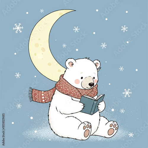 A polar bear reading a book under the moonlight on a snowy night surrounded by snowflakes