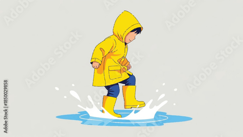 Child in yellow raincoat and boots splashing in a puddle