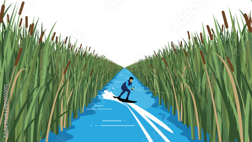 Water skiing adventure through tall reeds in minimalist style