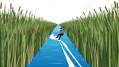 Dynamic wakeboarding adventure through vibrant green reeds