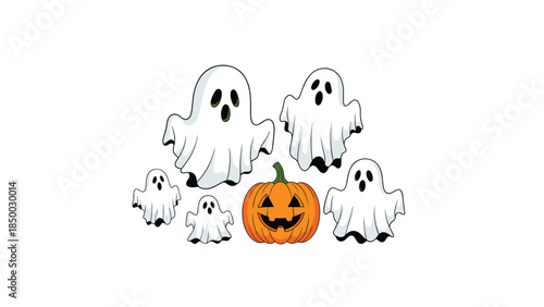 Festive halloween scene features a cheerful jack o lantern surrounded by a playful group of cartoon ghosts, creating a spooky atmosphere.
