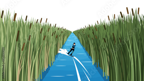 Water skier navigates through tall reeds on a narrow waterway