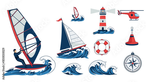 Nautical adventure elements with sailboat, lighthouse, windsurfer, and waves in flat design