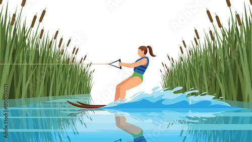 Woman water skiing in reed-lined lake with blue vest
