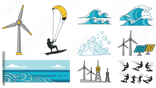Renewable energy and water sports icons featuring wind turbines and ocean waves