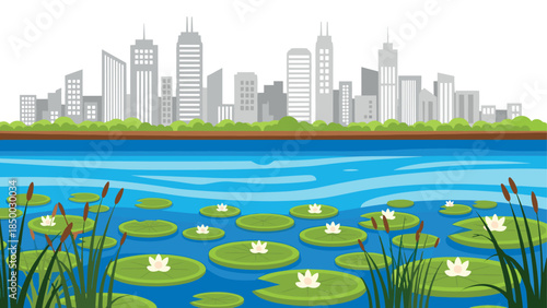 Urban skyline overlooking tranquil water lily pond with modern cityscape