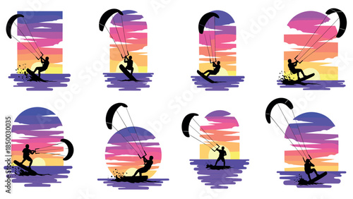 Silhouette kitesurfing at sunset with vibrant sky backdrop