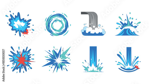 Dynamic water splash designs featuring vibrant burst patterns and flowing elements