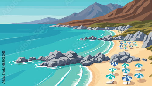 Scenic coastal beach with umbrellas and rocky shoreline