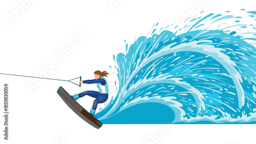 Dynamic wakeboarding adventure with splashing waves in flat design
