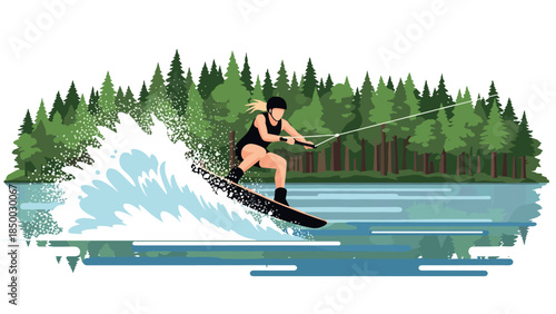 Energetic wakeboarding woman on lake with forested background in summer