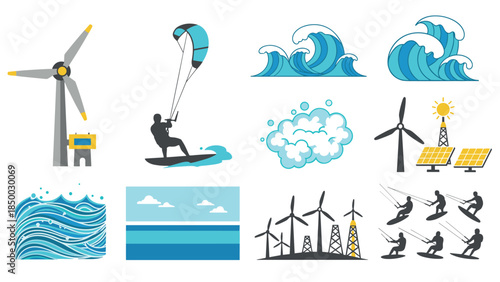 Renewable energy and watersport adventure icons in flat design