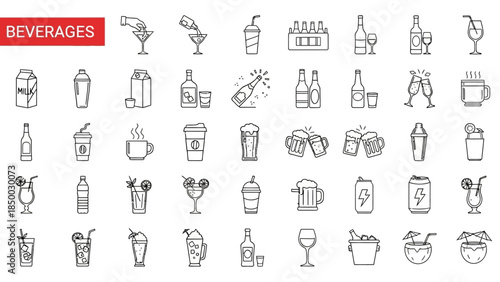 Solid sleek collection of various outline beverage icons, perfect for menus, apps, and digital design projects, representing drinks from coffee to cocktails