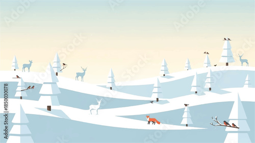 Serene Winter Wonderland with Forest Animals and Snow-Covered Fir Trees in a Tranquil Landscape Illustration