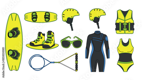 Set of flat wakeboarding gear and accessories in bright yellow and blue