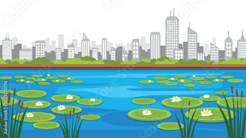 Urban skyline overlooking serene lake with lotus flowers