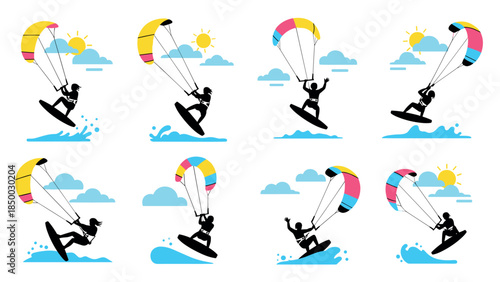 Colorful kiteboarding silhouettes against bright sky with clouds and sun