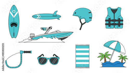 Water sport essentials: boat, surfboard, helmet, and more