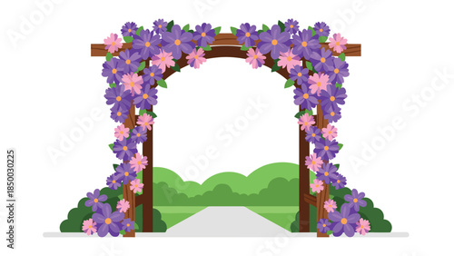 Floral archway brimming with violet and pink flowers in a garden setting