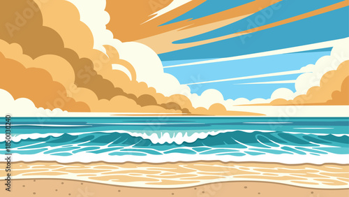Retro style ocean waves and clouds under a vibrant sky