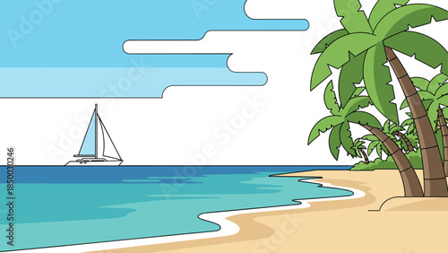 Tropical beach with palm trees and sailboat in minimalist style
