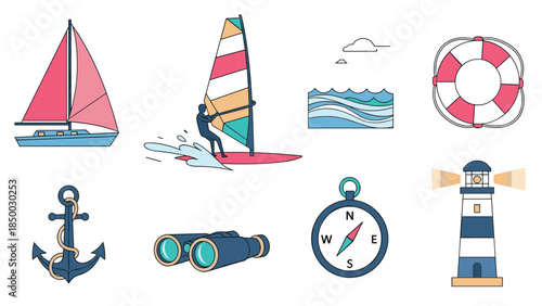 Nautical adventure icons with sailboat, windsurfing, lighthouse, and marine elements