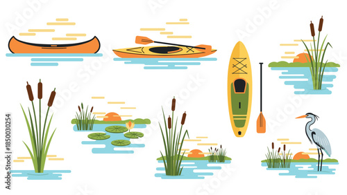 Flat design canoes and kayaks with nature elements and heron silhouettes