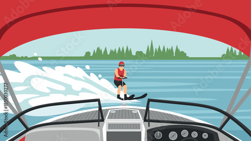 Water skiing adventure under a red canopy on a sunny lake day